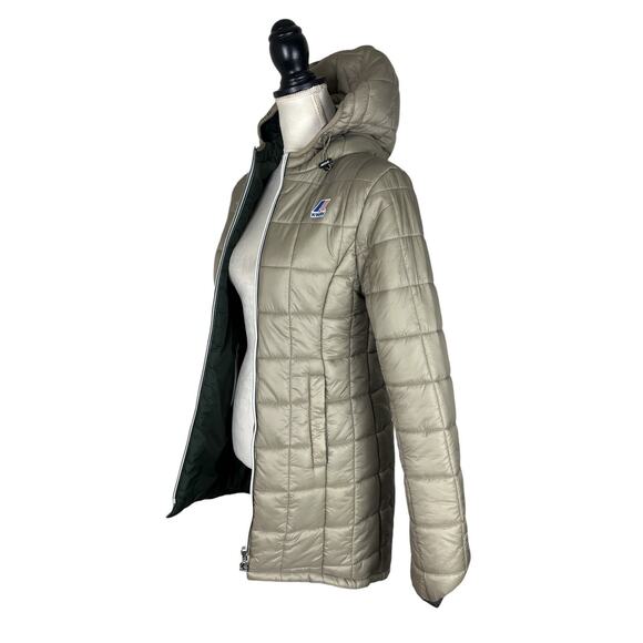 K-Way Denise St Thermo Reversible Down Zip Up Hooded Jacket Olive Green Sz Small - Picture 12 of 15